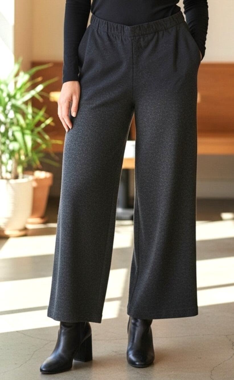 Eileen Fisher Dark Charcoal Gray Wool Pull-On Pants Side Zip Pockets Wide Leg S